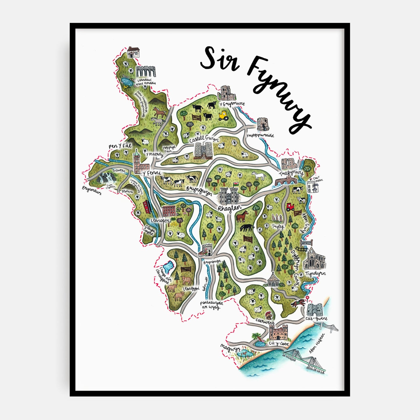 Monmouthshire Map  Welsh Art Print - Welsh