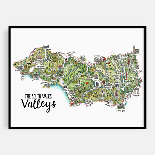 South Wales Valleys Map Welsh Art Print - English